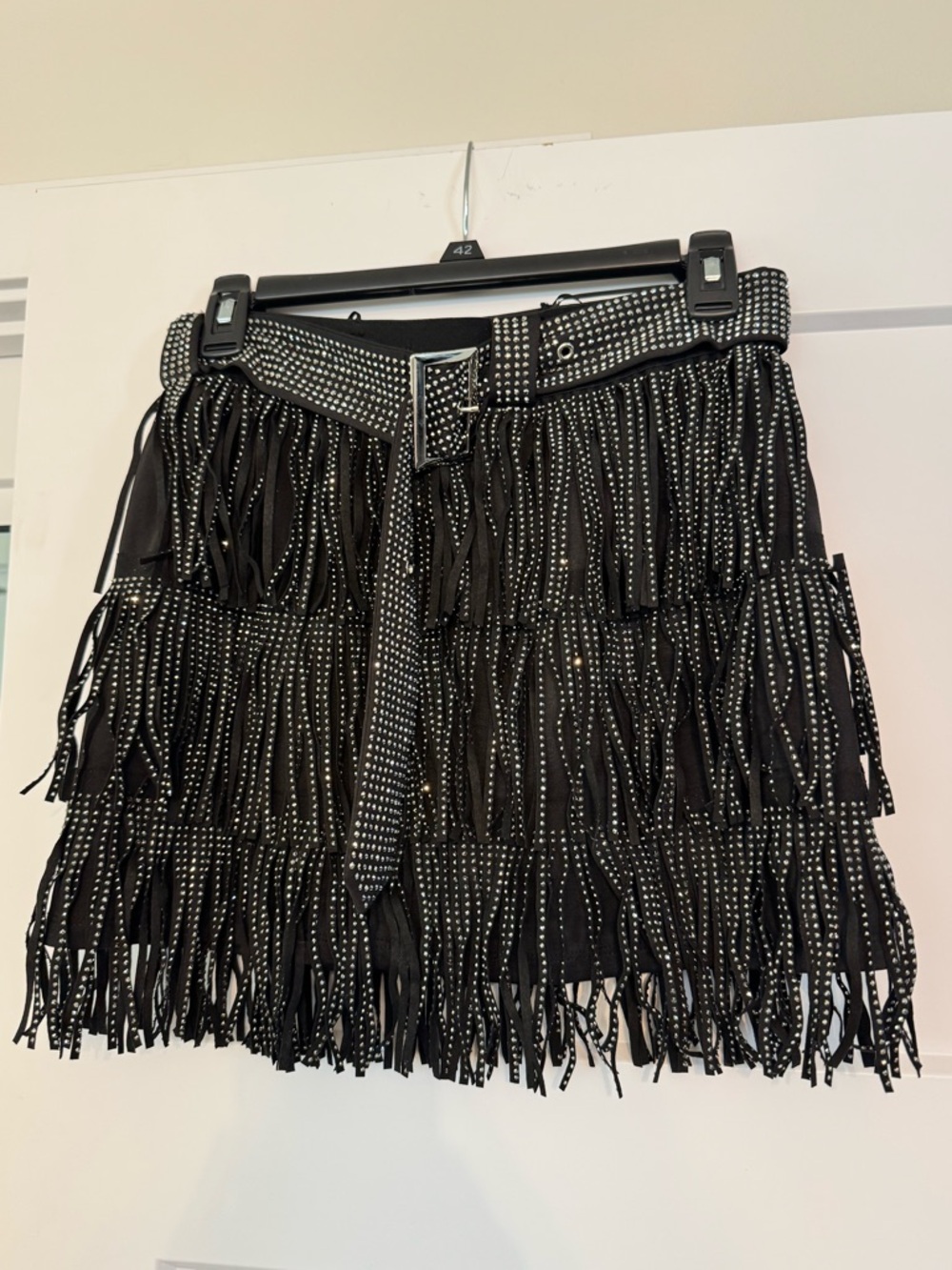 Black Studded Fringe Mini Skirt with Belt - SM